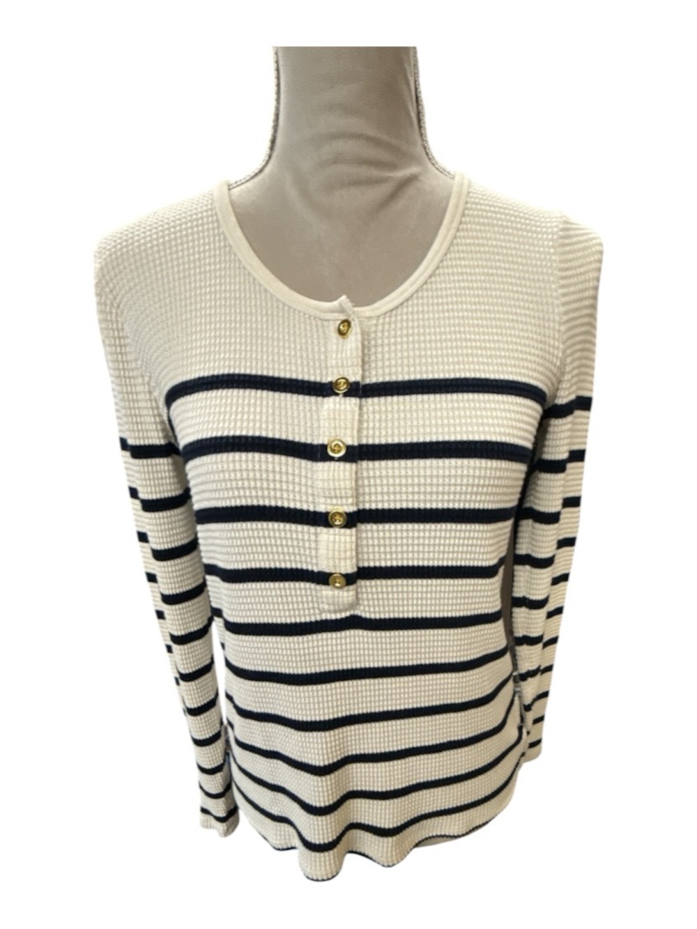 J. Crew Cream Waffle Knit Henley with Navy Stripes